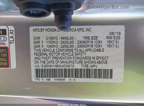 5J6RW1H80KA034016 2019 HONDA CR-V Silver 