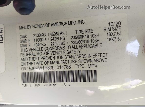5J6RW1H80LL014788 2020 HONDA CR-V White Widok komory silnika
