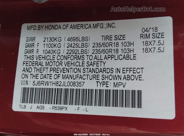 5J6RW1H82JL008357 2018 HONDA CR-V Red Widok komory silnika
