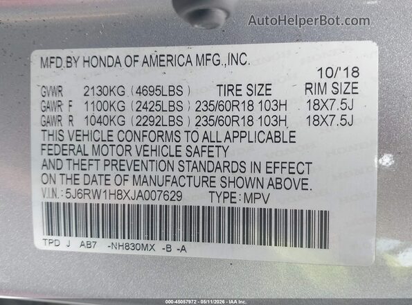 5J6RW1H8XJA007629 2018 HONDA CR-V Серебряный 