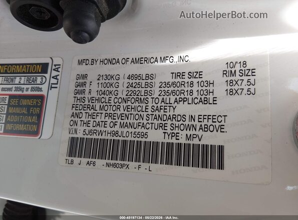 5J6RW1H98JL015595 2018 HONDA CR-V Белый Вид подкапотного пространства