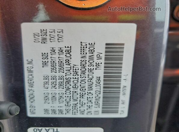 5J6RW2H22LL004944 2020 HONDA CR-V Gray Widok naklejki z numerem VIN