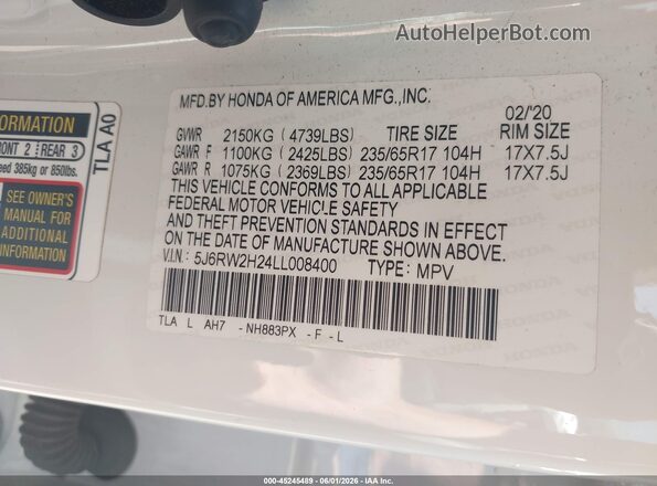 5J6RW2H24LL008400 2020 HONDA CR-V White Շարժիչի բաժամունքի տեսք