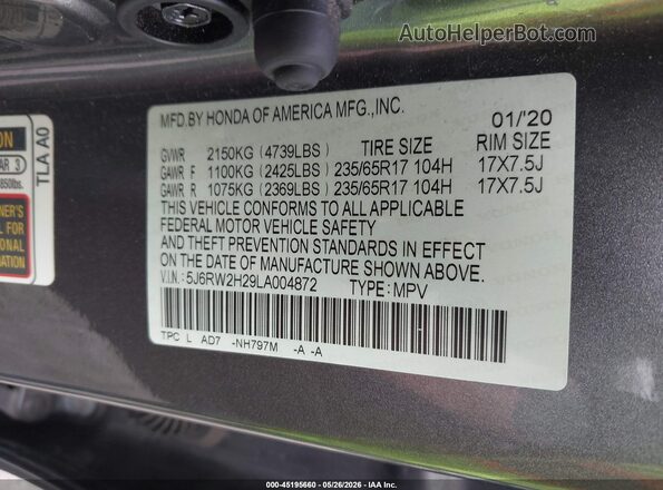 5J6RW2H29LA004872 2020 HONDA CR-V Gray Շարժիչի բաժամունքի տեսք