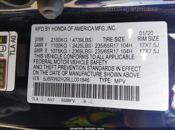 5J6RW2H29LL001846 2020 HONDA CR-V Dark Blue Вид підкапотного простору