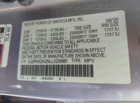 5J6RW2H29LL029985 2020 HONDA CR-V Silver Widok komory silnika
