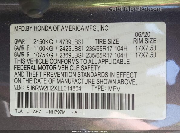 5J6RW2H2XLL014864 2020 HONDA CR-V Gray Вид підкапотного простору