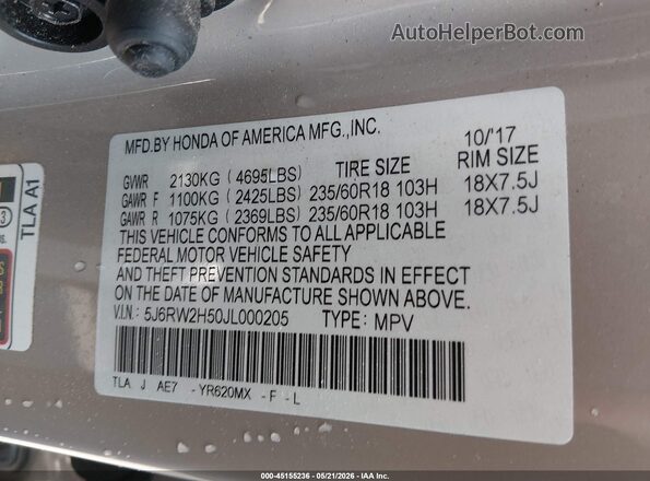 5J6RW2H50JL000205 2018 HONDA CR-V Cream 