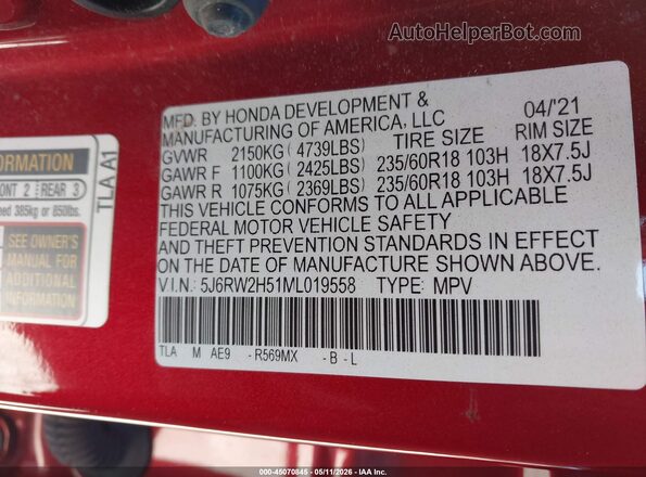 5J6RW2H51ML019558 2021 HONDA CR-V Red Widok komory silnika
