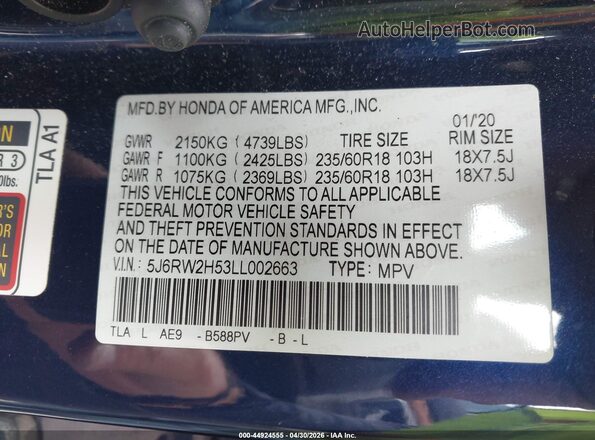 5J6RW2H53LL002663 2020 HONDA CR-V Blue 