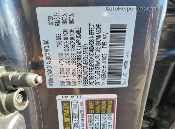 5J6RW2H55LL008478 2020 HONDA CR-V Gray VIN կոդի պիտակի տեսք