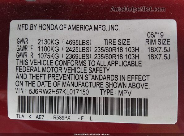 5J6RW2H57KL017150 2019 HONDA CR-V Red ძრავის განყოფილების ხედი