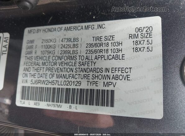 5J6RW2H57LL020129 2020 HONDA CR-V Gray 