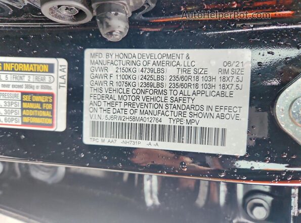 5J6RW2H58MA012764 2021 HONDA CR-V Черный Вид наклейки с VIN-кодом