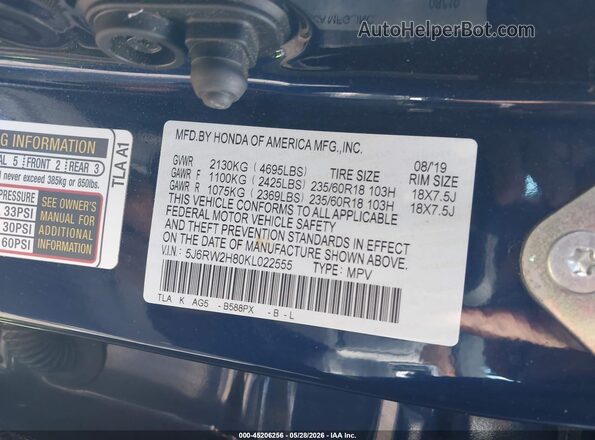 5J6RW2H80KL022555 2019 HONDA CR-V Dark Blue Շարժիչի բաժամունքի տեսք