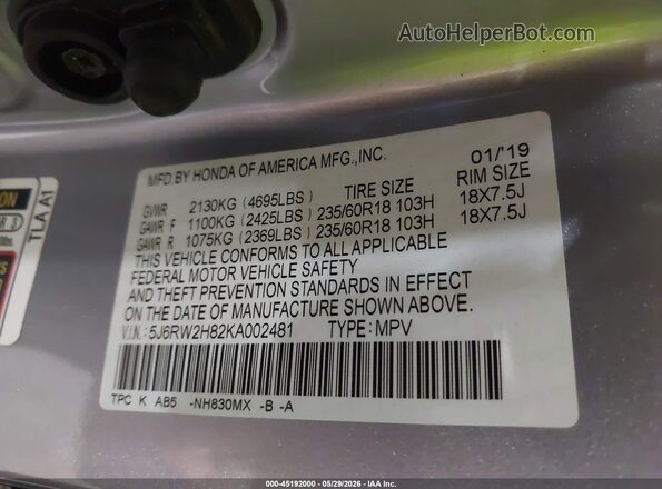 5J6RW2H82KA002481 2019 HONDA CR-V Серебряный 