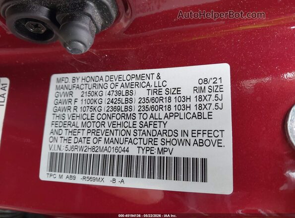 5J6RW2H82MA016044 2021 HONDA CR-V Red ძრავის განყოფილების ხედი