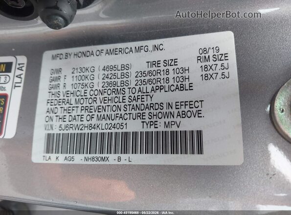 5J6RW2H84KL024051 2019 HONDA CR-V Silver 