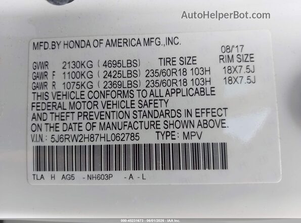 5J6RW2H87HL062785 2017 HONDA CR-V White Vista del compartimento del motor