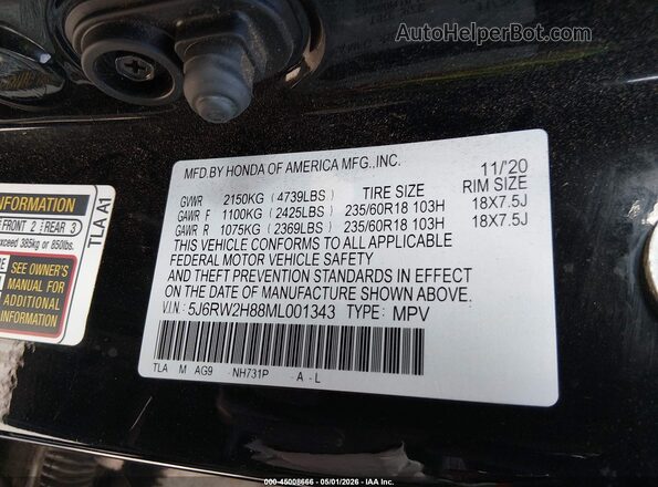 5J6RW2H88ML001343 2021 HONDA CR-V Black Widok komory silnika
