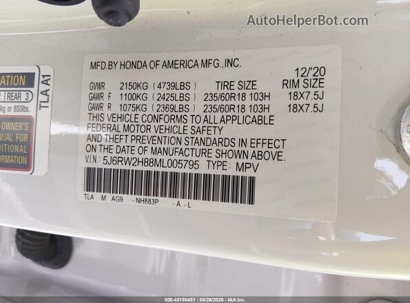 5J6RW2H88ML005795 2021 HONDA CR-V White 