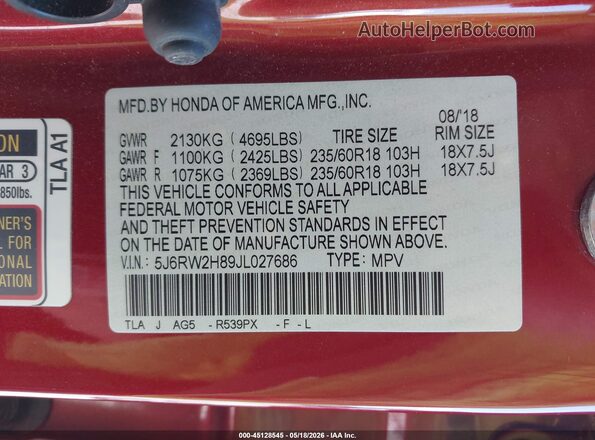 5J6RW2H89JL027686 2018 HONDA CR-V Red Շարժիչի բաժամունքի տեսք