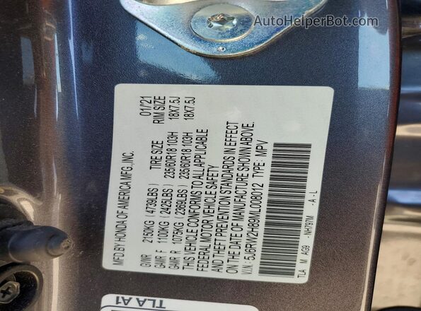 5J6RW2H89ML008012 2021 HONDA CR-V Gray 