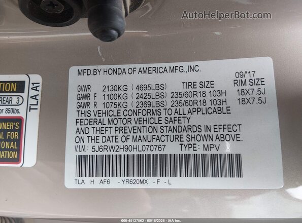 5J6RW2H90HL070767 2017 HONDA CR-V White Widok komory silnika