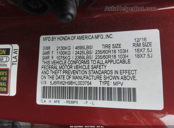 5J6RW2H98HL003754 2017 HONDA CR-V Red Vista del compartimento del motor