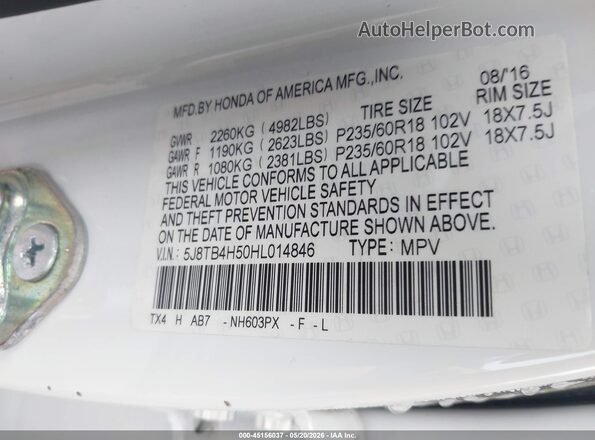 5J8TB4H50HL014846 2017 ACURA RDX White 