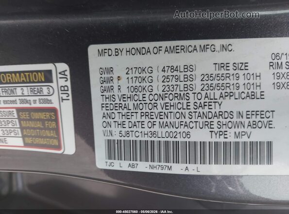 5J8TC1H36LL002106 2020 ACURA RDX Gray Вид підкапотного простору