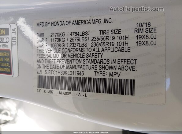 5J8TC1H39KL011946 2019 ACURA RDX White 
