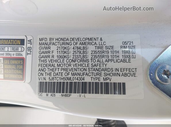5J8TC1H50ML014304 2021 ACURA RDX White Vista del compartimento del motor