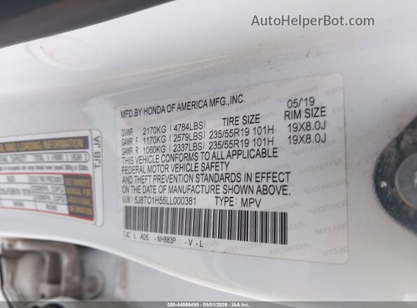 5J8TC1H55LL000381 2020 ACURA RDX White Vista del compartimento del motor