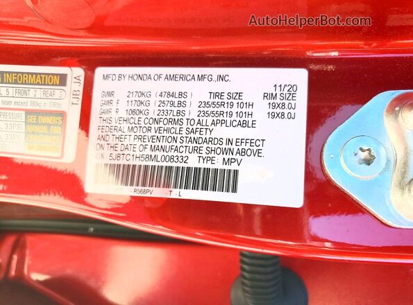 5J8TC1H58ML008332 2021 ACURA RDX Red 