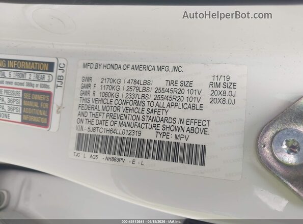 5J8TC1H64LL012319 2020 ACURA RDX White Vista del compartimento del motor
