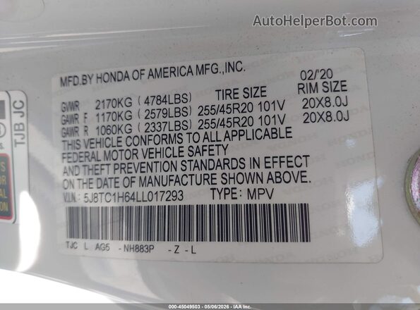 5J8TC1H64LL017293 2020 ACURA RDX White Вид підкапотного простору