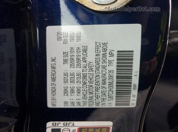 5J8TC2H30ML008135 2021 ACURA RDX Blue Widok naklejki z numerem VIN