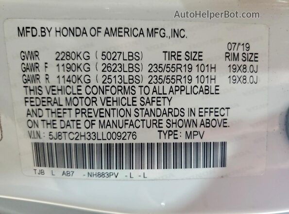 5J8TC2H33LL009276 2020 ACURA RDX White Вид наклейки з VIN-кодом