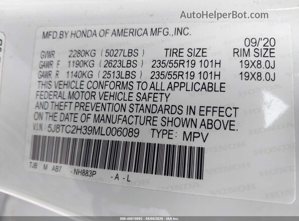 5J8TC2H39ML006089 2021 ACURA RDX White Vista del compartimento del motor