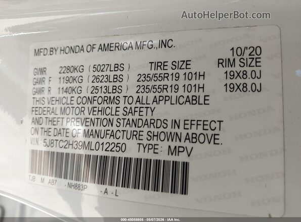 5J8TC2H39ML012250 2021 ACURA RDX White 