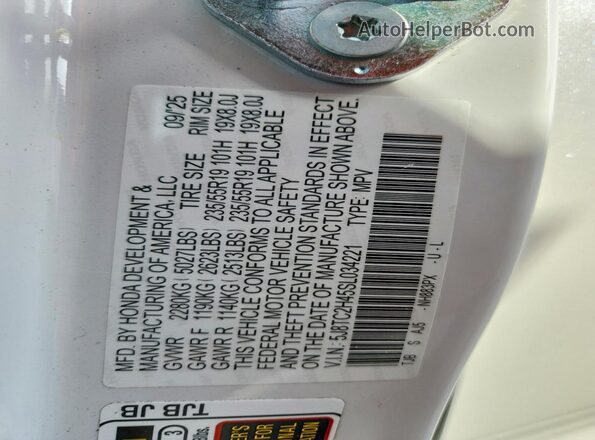 5J8TC2H45SL034221 2025 ACURA RDX White VIN კოდის სტიკერის ხედი