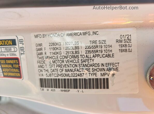 5J8TC2H50ML022487 2021 ACURA RDX Белый Вид наклейки с VIN-кодом