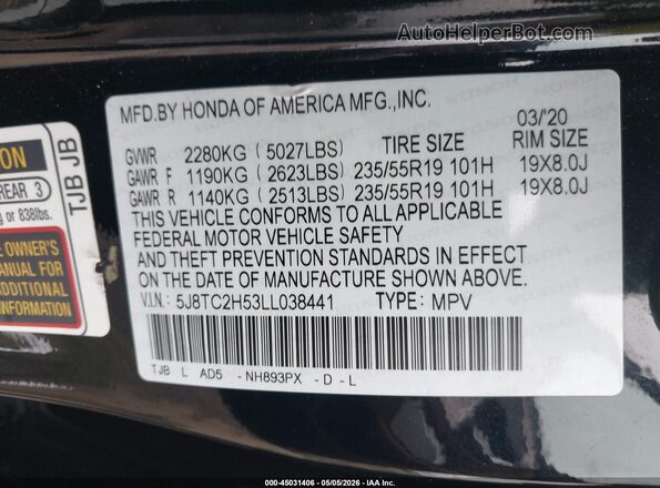 5J8TC2H53LL038441 2020 ACURA RDX Black Շարժիչի բաժամունքի տեսք