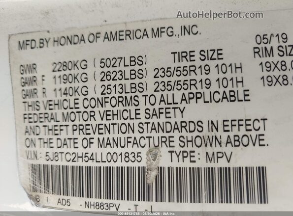 5J8TC2H54LL001835 2020 ACURA RDX Белый Вид подкапотного пространства