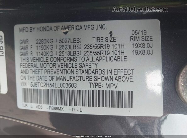 5J8TC2H54LL003603 2020 ACURA RDX Black Շարժիչի բաժամունքի տեսք