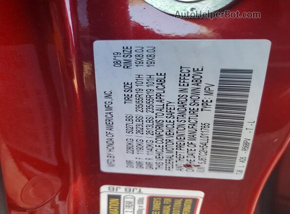 5J8TC2H54LL011765 2020 ACURA RDX Red Widok naklejki z numerem VIN