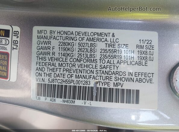 5J8TC2H55PL001283 2023 ACURA RDX Gray 
