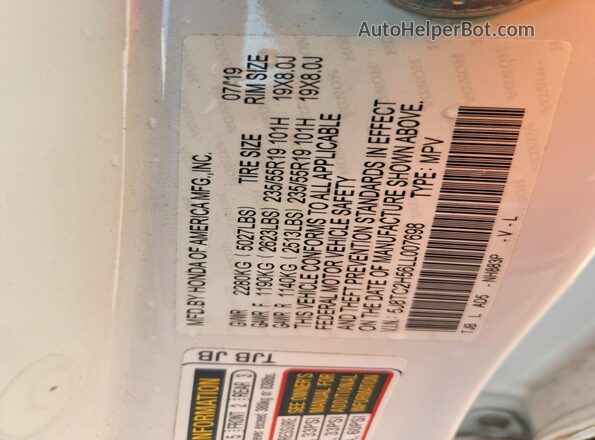 5J8TC2H56LL007698 2020 ACURA RDX White Widok naklejki z numerem VIN