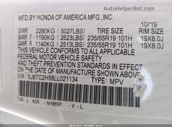 5J8TC2H58LL021134 2020 ACURA RDX White 